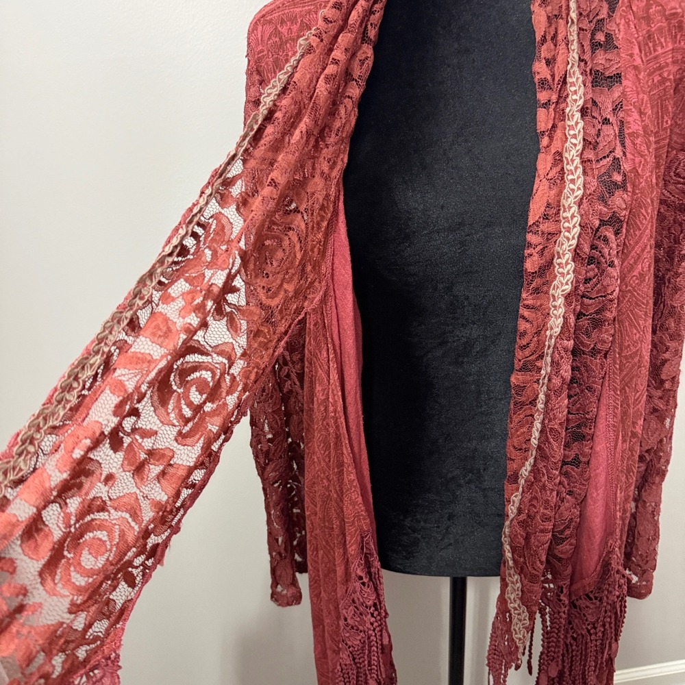 Pretty Angel Lace Fringe Cardigan Womens L/XL Rust Orange Boho Western Romantic - Picture 4 of 16